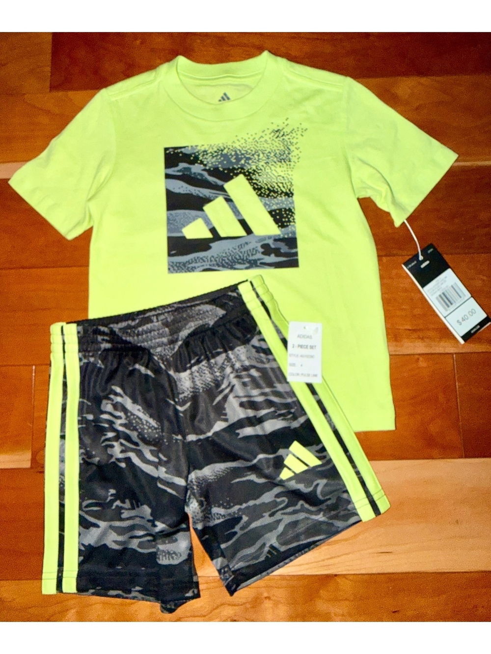 NWT Adidas Boys' 2-Piece Athletic Set, Size 4, Lime T-Shirt and Camo Shorts